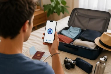 Un jeune lance l'application Partir Léger sur son téléphone avec des affaires préparées pour partir en voyage