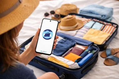 Une femme avec un chapeau préparant ses bagages et tenant un téléphone dans sa main avec l'application Partir Léger qui se lance